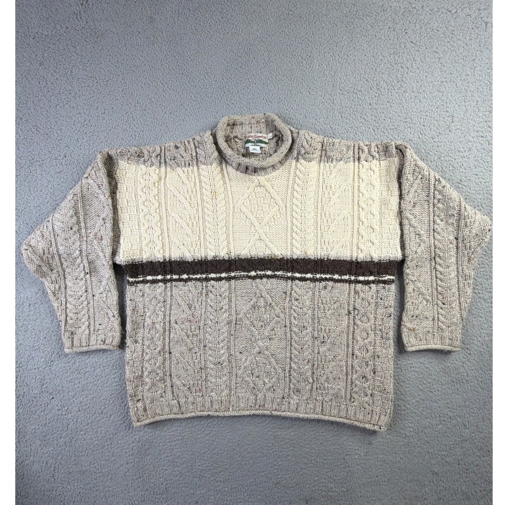 Celtic Country Roll Neck Collar Sweater Mens L Wool Cable Knit Made In Ireland